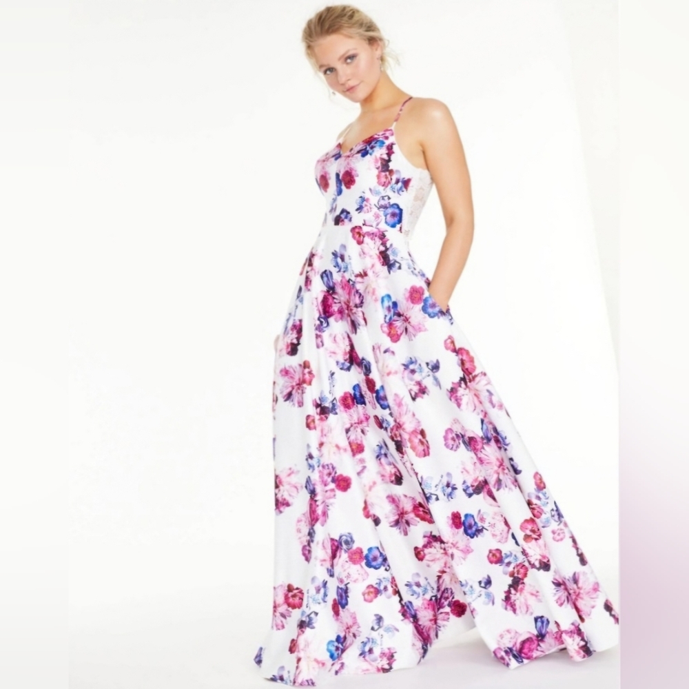 CITY STUDIO Juniors Size 11 White/Fuchsia Floor Length Floral Dress With Sparkle